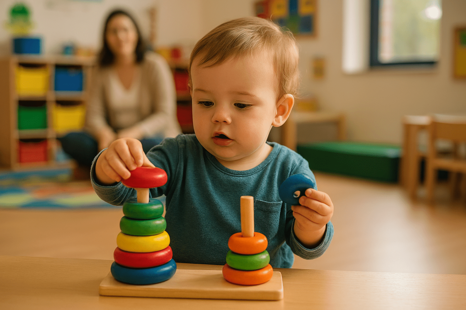 niño pequeño realizando una actividad de estimulación temprana con material didáctico en un aula de maternal